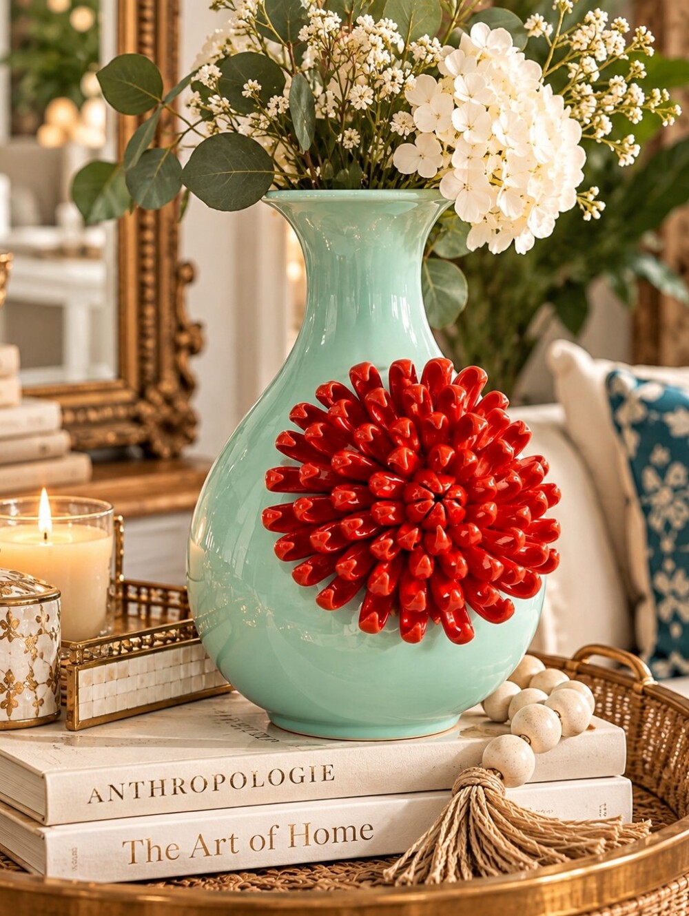 Anthropologie Curvy Chrysanthemum Vase In Mint Green & Red